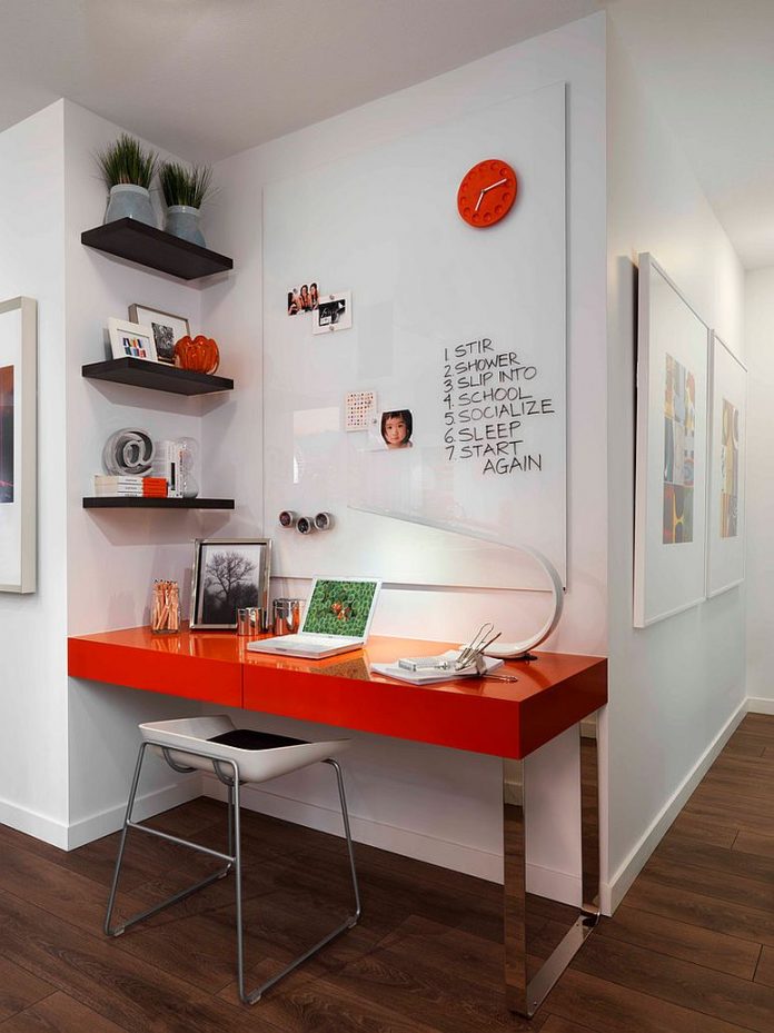 Office Shelving with Modern Computer Desk in Minimalist Home Design Glossy Red Inside Contemporary Style Near Glossy Desk Clear Stool Also Black Shelves Inside Clear Wall Red Clock