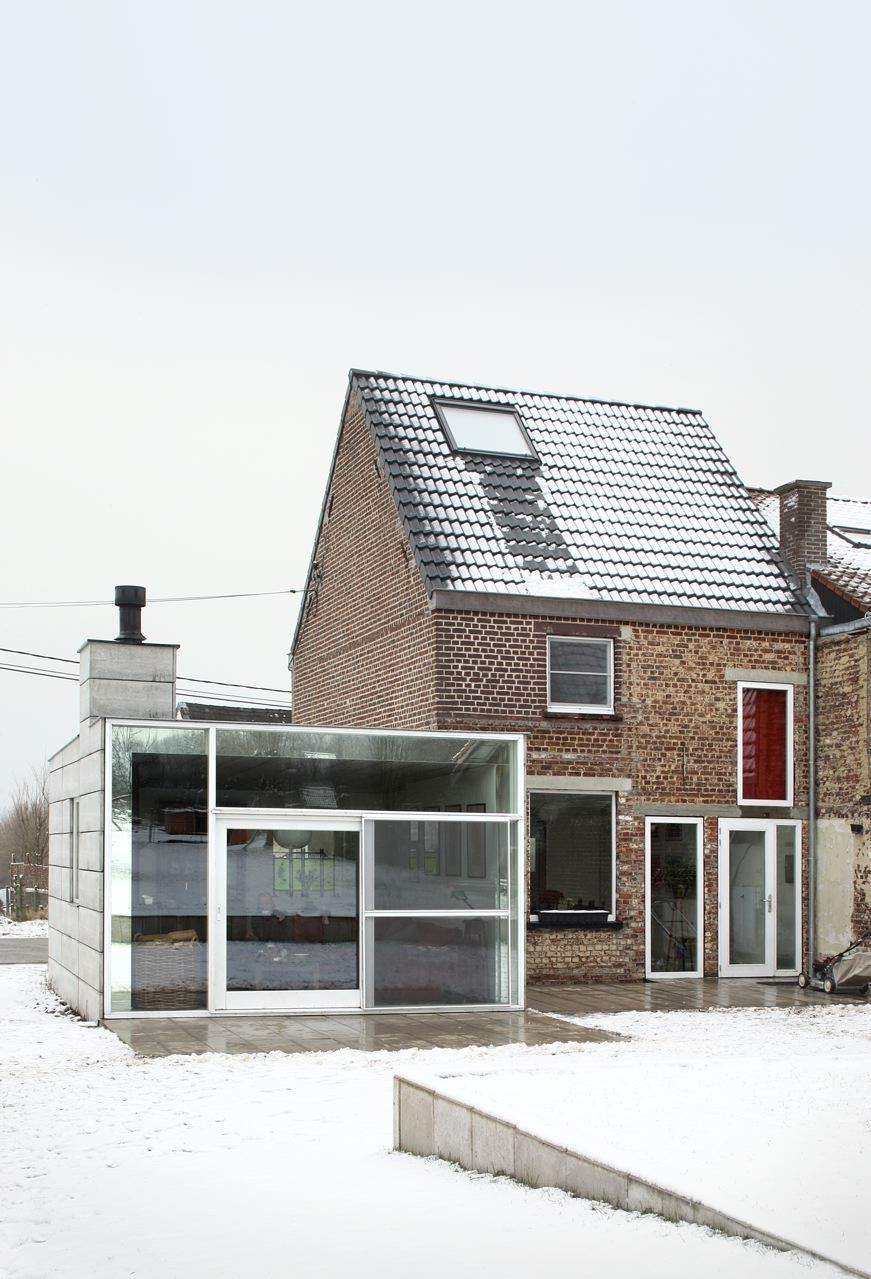 House H by Architecten de Vylder Vinck Taillieu - Glass Mirrored Wall Pavillion Near Chimney Installed As Feature House H by Architecten de Vylder Vinck Taillieu - Glass Mirrored Wall Pavillion Near Chimney Installed As Feature