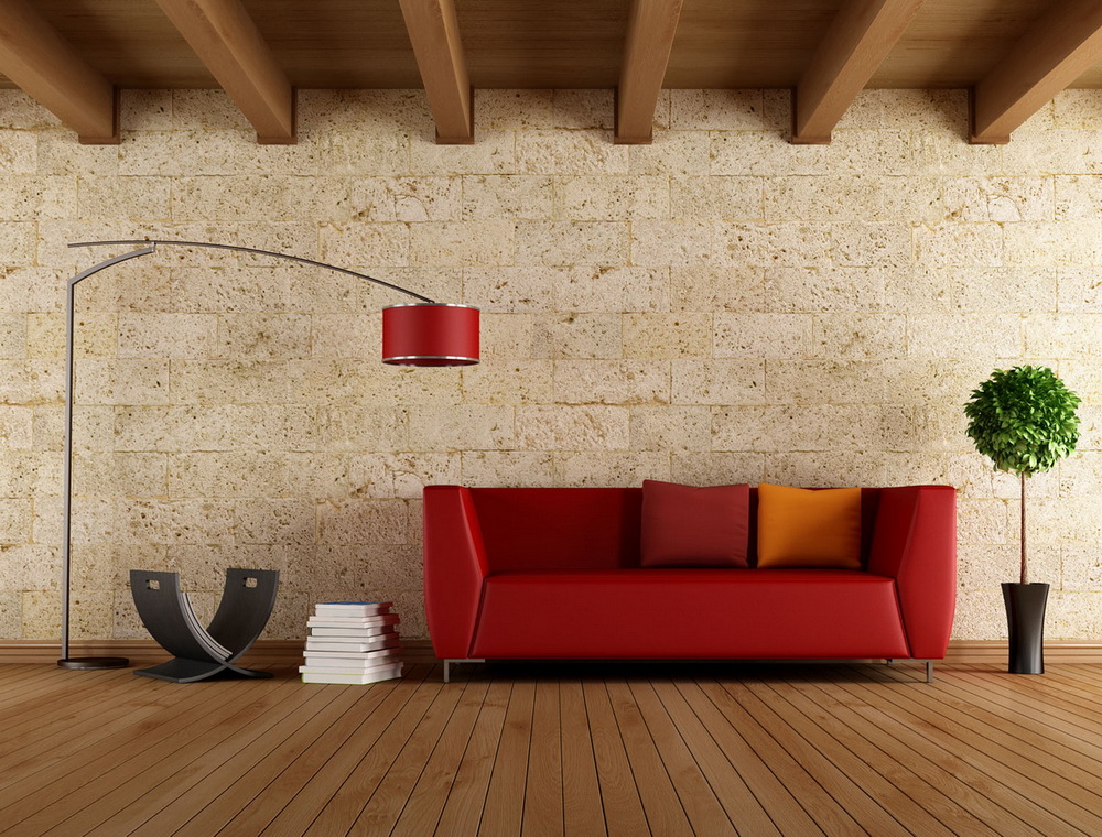 Living room decoration with wooden flooring and red sofa