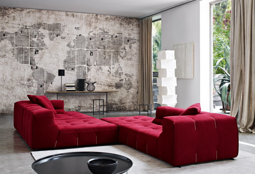 Modern living room decoration with red sofas