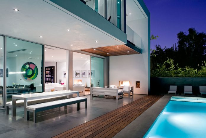Beautiful Private Residence in Santa Monica by Steven Kent Architect Dining Table Also Outdoor Benches Beside Swimming Pool